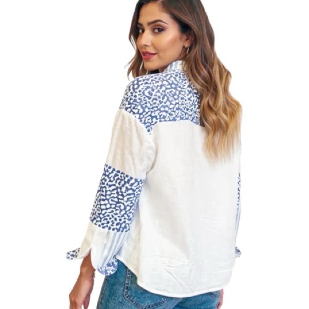 NEW Striped Patchwork Button Shirt w/ Leopard Pri… - image 2